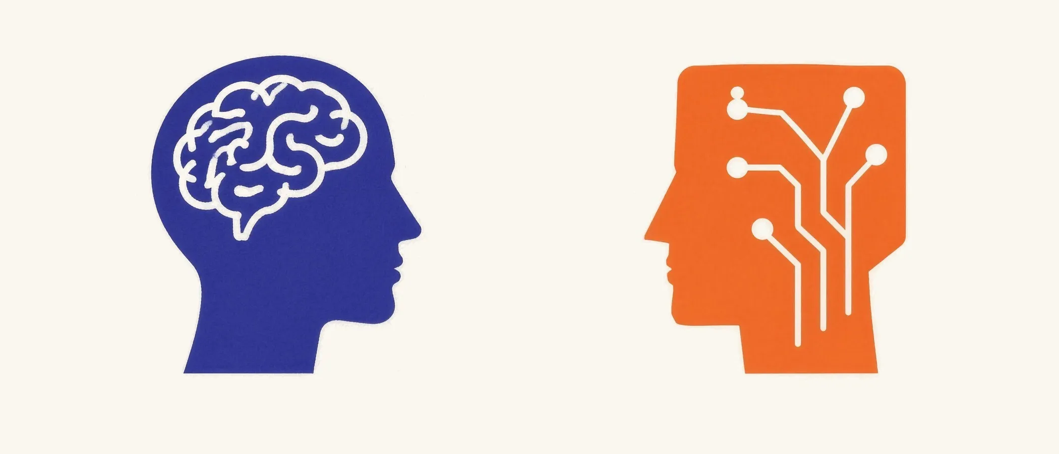 Flat duotone illustration of two profile heads facing each other — one human with a brain, one machine with circuit traces — a dotted line passing between them.