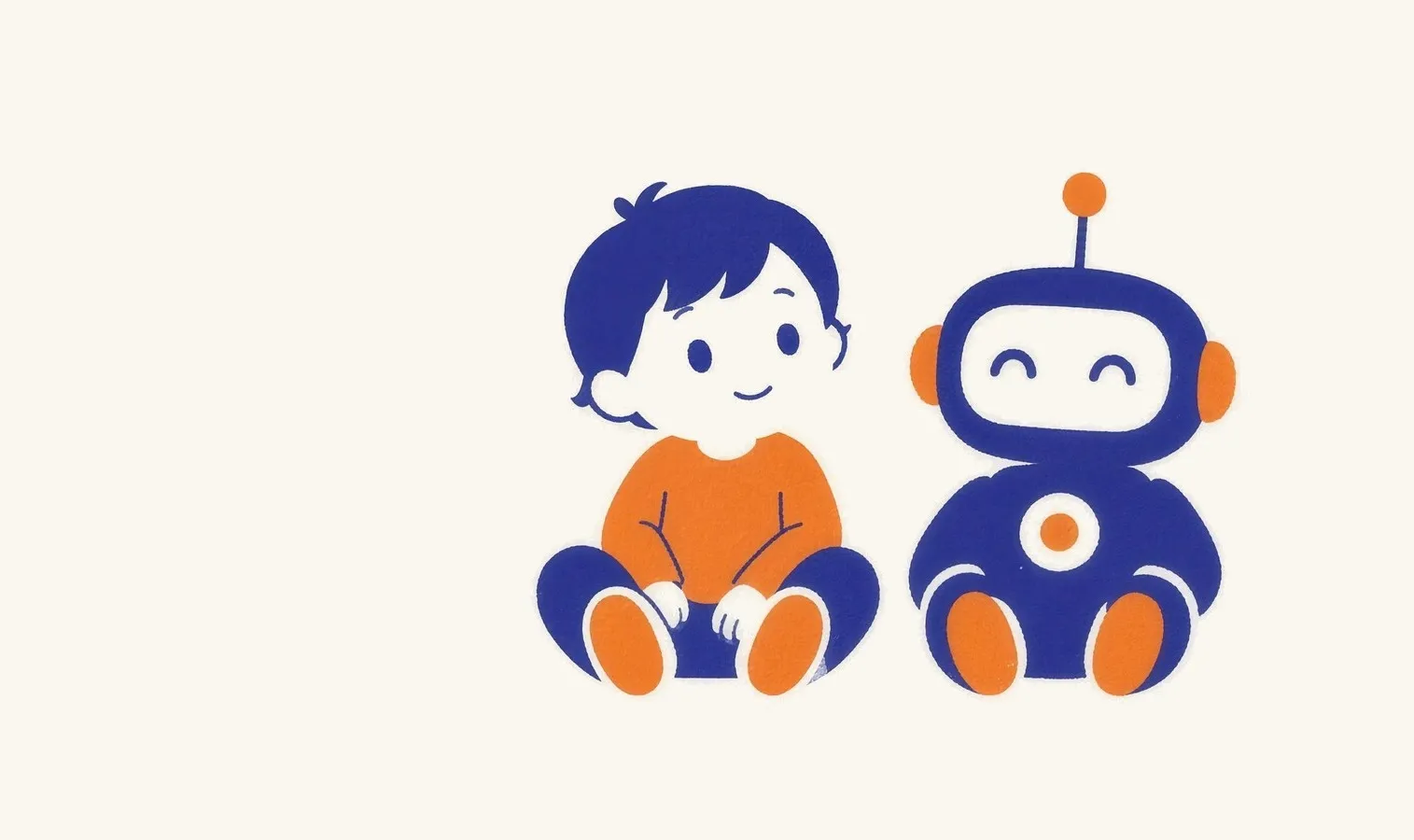 Flat duotone illustration of a toddler and a small friendly robot sitting side by side, sound waves flowing toward both.